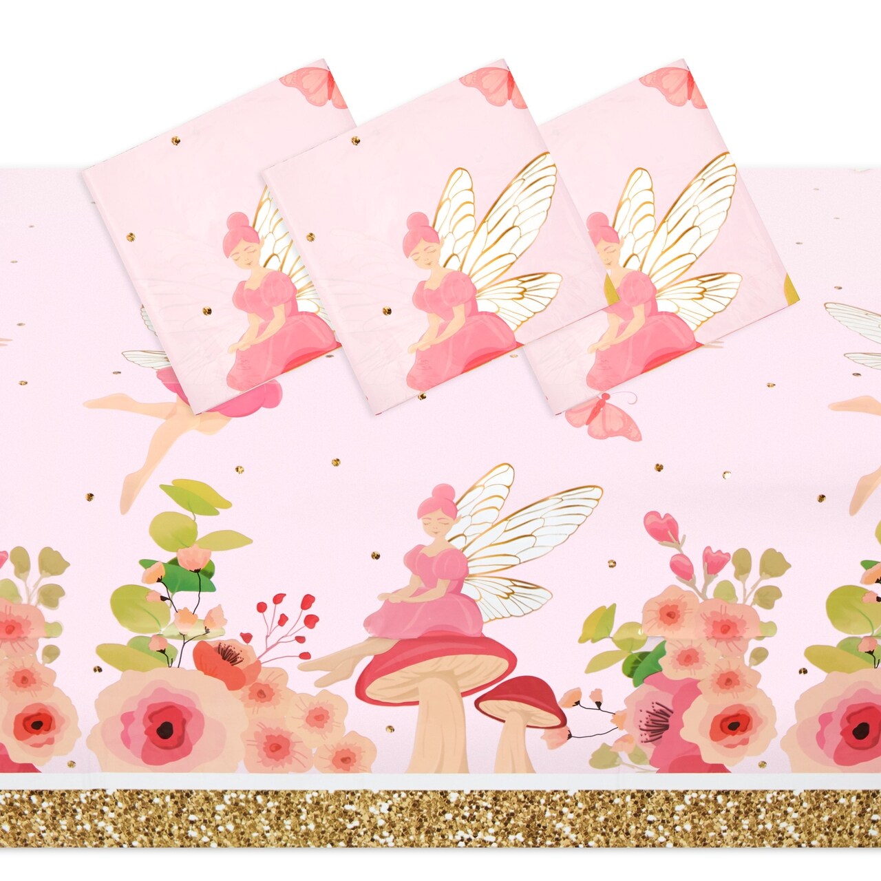3 Pack Fairy Tea Party Tablecloths for Girls Floral Birthday Supplies, Fairy Table Cover for Garden Party, Picnic, Indoor or Outdoor Themed Events & Craft Projects (54 x 108 In)